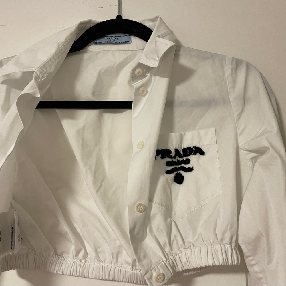 Prada White Cropped Button-Up Shirt with Logo Embroidery